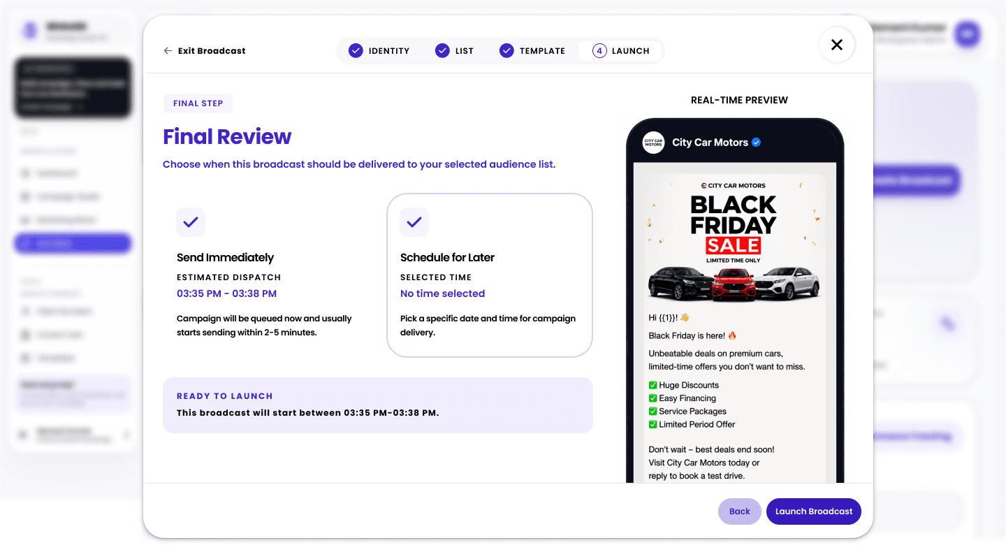 WHAASS broadcast wizard final review: send immediately or schedule