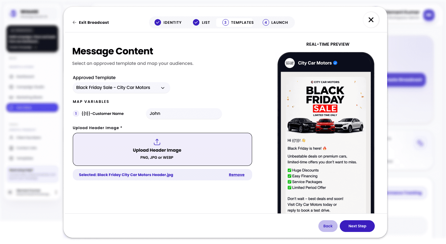 WHAASS broadcast wizard: choosing an approved template and mapping variables