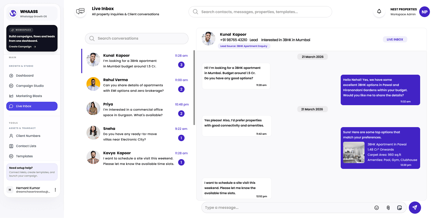 WHAASS Live Inbox: property enquiries with unread counts and a conversation sharing a listing with photo and price