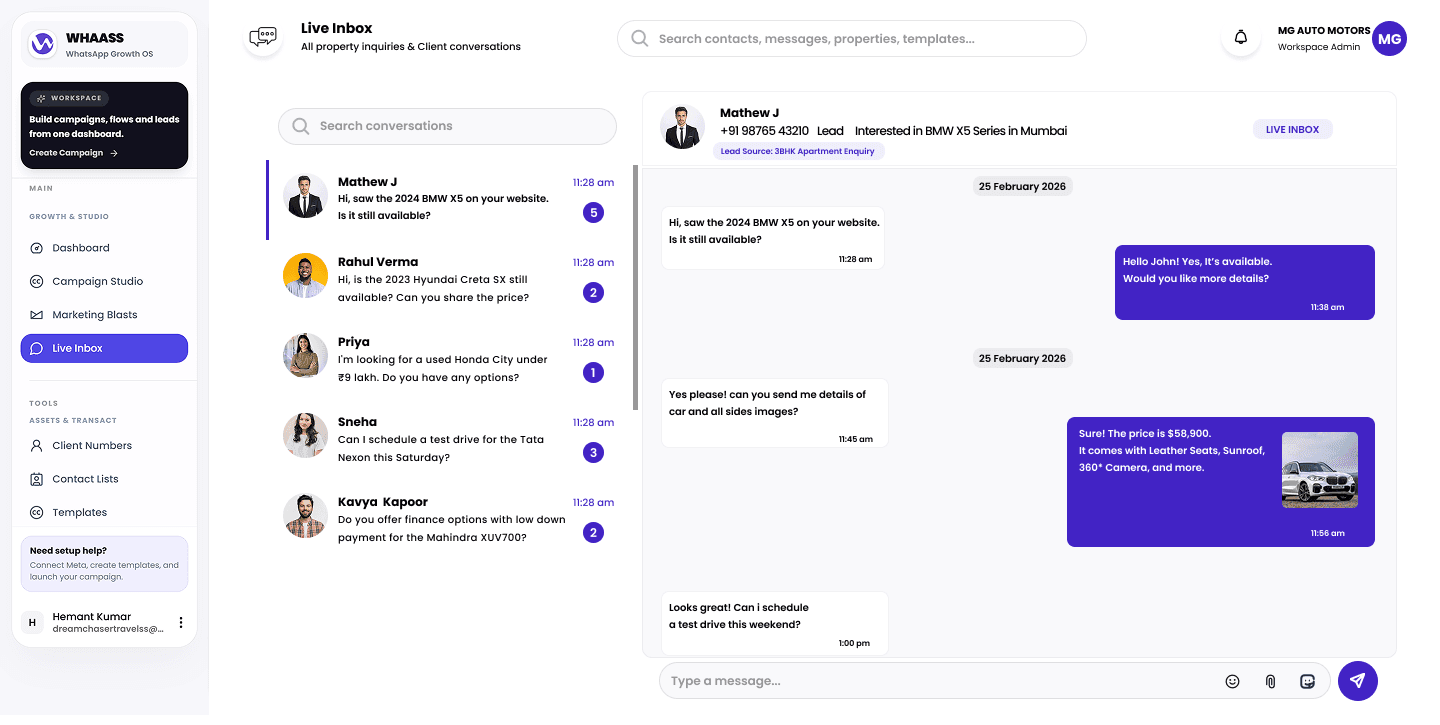 WHAASS Live Inbox: customer conversations with leads waiting for a reply